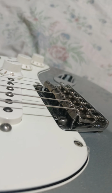 a closeup view on white Fender Bent Steel Guitar Saddles