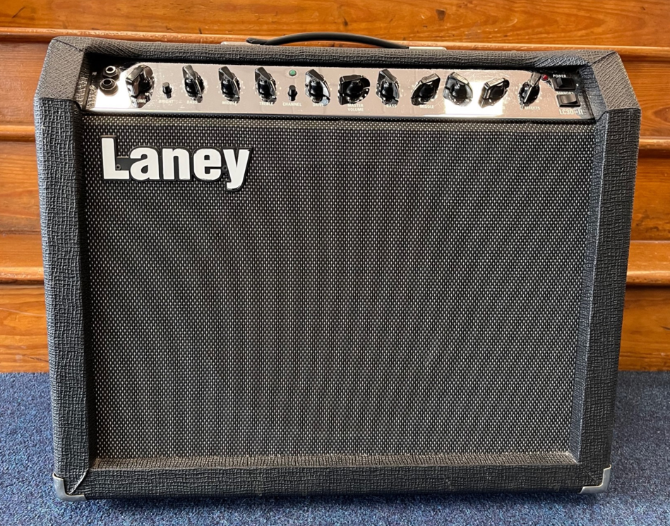 The Laney LC30 amplifier, a British-made, all-valve guitar amplifier with a classic black tolex exterior