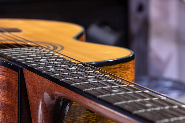 Close-up of a guitar that highlights the design