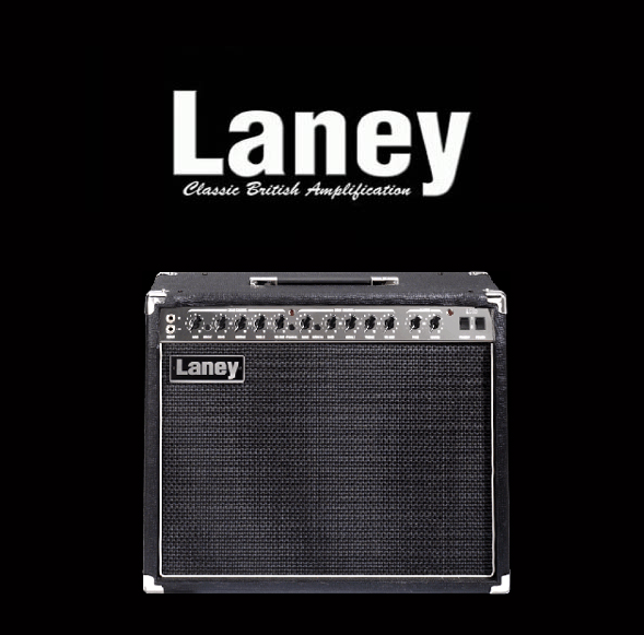 The Laney LC30 amplifier with a classic black tolex exterior on black background